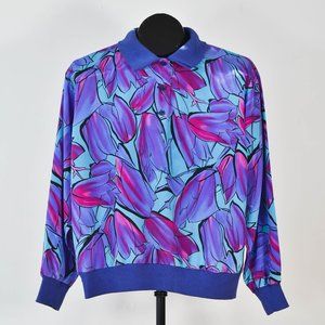 Vintage Purple & Turquoise Silky Shirt, Vintage 80s Colorful Spring Shirt